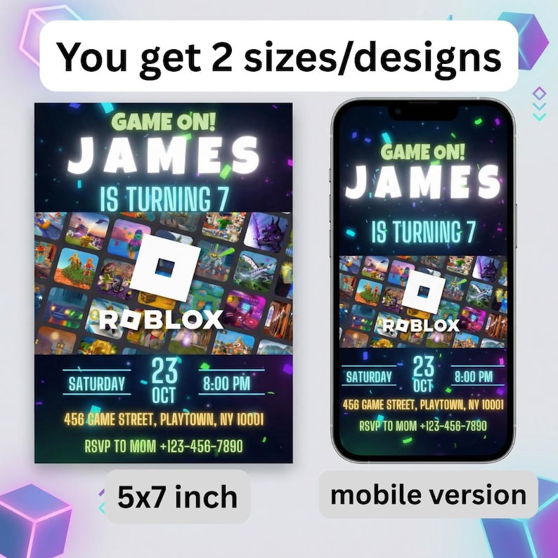 Op de afbeelding: Een verjaardagsuitnodiging met de tekst "GAME ON! JAMES IS TURNING 7" met een Roblox-thema. De uitnodiging bevat de datum, tijd en locatie. Beschikbaar in 5x7 inch en mobiele versies.