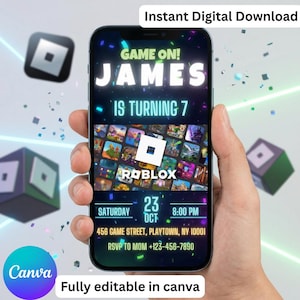 Op de afbeelding: Een smartphone toont een digitale uitnodiging voor een Roblox-verjaardagsfeestje. De uitnodiging luidt "Game On! James wordt 7" met evenementdetails. De afbeelding bevat het Canva-logo en de tekst "Directe digitale download" en "Volledig bewerkbaar in Canva."