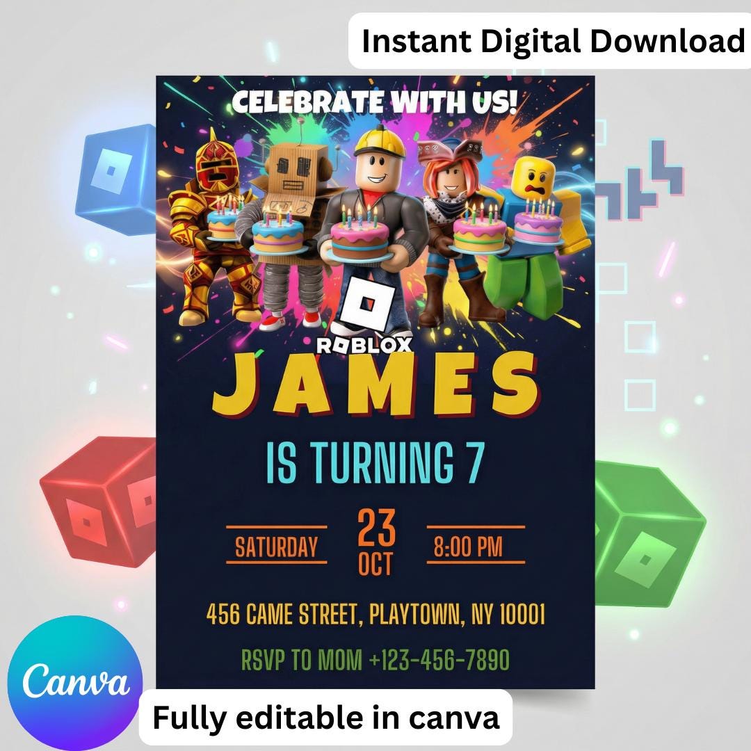 Editable Roblox Birthday Invitation Template, Game Party Invite for ...