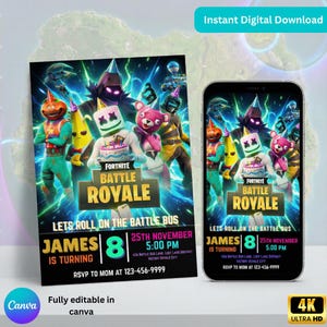 May include: A Fortnite Battle Royale birthday party invitation and a smartphone displaying the same design. The invitation features colorful characters and the text "Fortnite Battle Royale." The invitation includes the name "James," age "8," and party details.