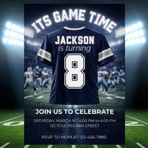 Verjaardagsuitnodiging voetbal, sportthema stijl feestuitnodiging, bewerkbare American Football-uitnodiging, voetbalshirt uitnodigingsfeestje