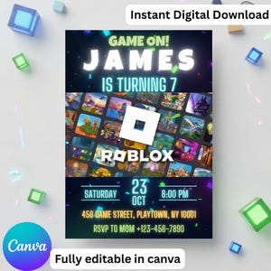 Op de afbeelding: Digitale uitnodiging voor een 7e verjaardag met het Roblox-logo en de tekst "GAME ON! JAMES IS TURNING 7". Bevat datum, tijd en locatie. Tekst luidt "Direct digitale download" en "Volledig bewerkbaar in canva".