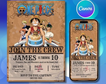 One Piece Party Invitation Template, One Piece Birthday Invitation, Editable Canva Pirate Invite, Anime Birthday Invite, Digital Download