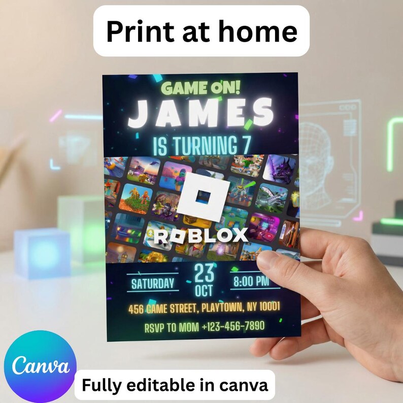 Op de afbeelding: Een Roblox-thema verjaardagsuitnodiging met de tekst "GAME ON! JAMES IS TURNING 7". De uitnodiging bevat het Roblox-logo en spelsc&egrave;nes. Details zijn onder meer datum, tijd en RSVP-informatie. Volledig bewerkbaar in Canva.