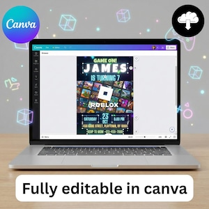 Op de afbeelding: Een laptop toont een verjaardagsuitnodiging met de tekst "GAME ON! JAMES IS TURNING 7" en het Roblox-logo. De uitnodiging bevat datum, tijd en locatie. Het Canva-logo is zichtbaar, met de tekst "Fully editable in canva" onderaan.