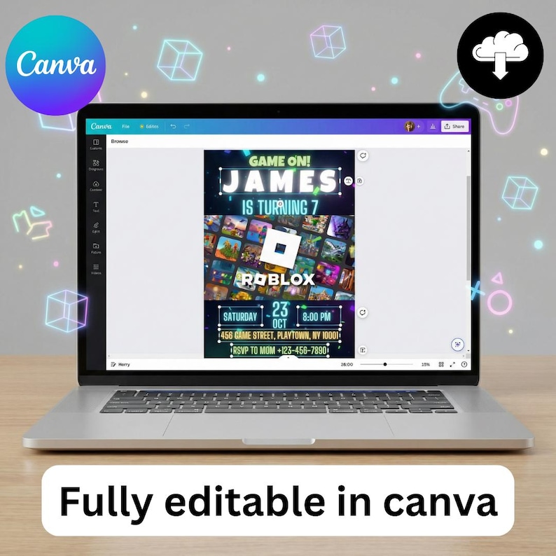 Op de afbeelding: Een laptop toont een verjaardagsuitnodiging met de tekst "GAME ON! JAMES IS TURNING 7" en het Roblox-logo. De uitnodiging bevat datum, tijd en locatie. Het Canva-logo is zichtbaar, met de tekst "Fully editable in canva" onderaan.