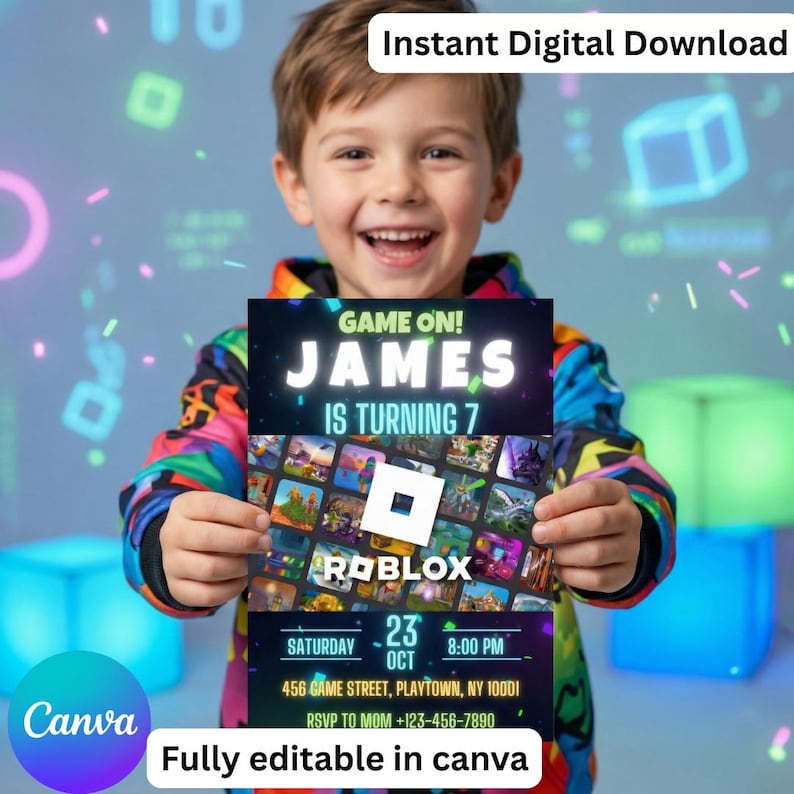 Op de afbeelding: Een verjaardagsuitnodiging met Roblox-thema, met de tekst "GAME ON! JAMES IS TURNING 7". De uitnodiging bevat de datum, tijd en adres. De woorden "Instant Digital Download" en "Fully editable in canva" zijn ook zichtbaar.