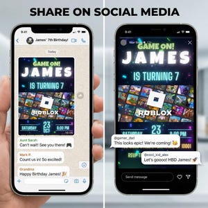 Op de afbeelding: Twee smartphones tonen een verjaardagsuitnodiging met de tekst "GAME ON! JAMES IS TURNING 7" en een Roblox-thema. De uitnodiging bevat de datum, tijd en een Roblox-logo. De afbeelding is ontworpen voor sociale media.