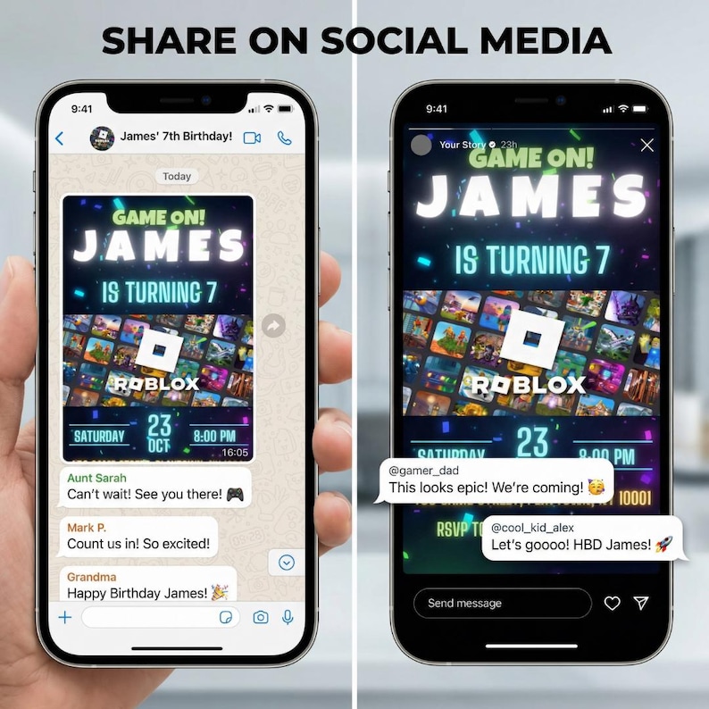 Op de afbeelding: Twee smartphones tonen een verjaardagsuitnodiging met de tekst "GAME ON! JAMES IS TURNING 7" en een Roblox-thema. De uitnodiging bevat de datum, tijd en een Roblox-logo. De afbeelding is ontworpen voor sociale media.