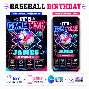 Baseball Drip verjaardagsuitnodiging, bewerkbare canvas sjabloon, Ice Cream Drip feestuitnodiging, sport jongen verjaardag, instant download, honkbal inv