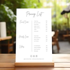 Price List Template, Small Business Price List, Editable Price Sheet, Pricing List, Salon Price List, Download, Modern, Minimal, Elegant