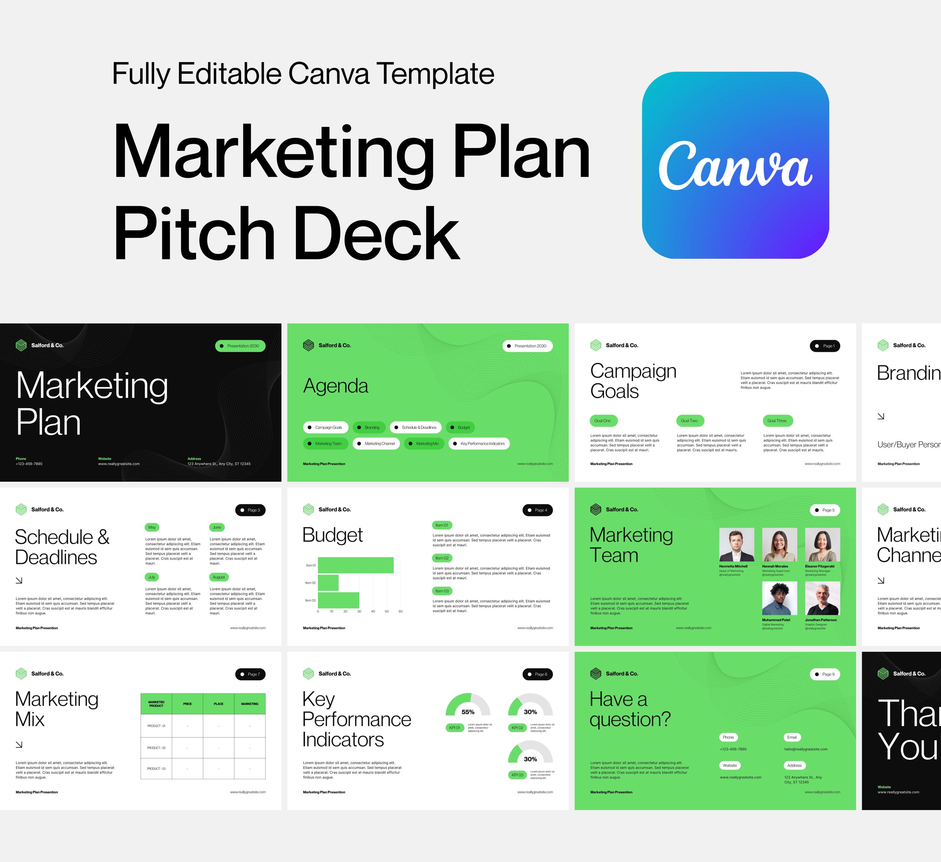 Marketing Plan Pitch Deck Editable Template Canva | Business Proposal | Modern Marketing Strategy, Infographic Presentation, Data Report
