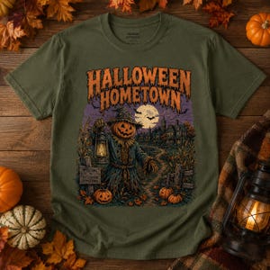 May include: An olive green t-shirt featuring a graphic print of a scarecrow with a pumpkin head holding a lantern. The text reads HALLOWEEN HOMETOWN above a scene of a path, a house, and pumpkins. The design uses orange, purple, and brown tones.