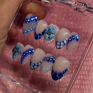 Blue Lagoon Reusable Press on Nails | Hand Painted faux nails blooming gel | Custom Sizing and Shape | Great for Summer, Holiday, or Gift
