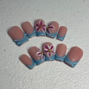 Blue and pink Reusable Press on Nails | Hand Painted faux nails, 3d flower | Custom Sizing and Shape | Great for Summer/Gift | gel nails