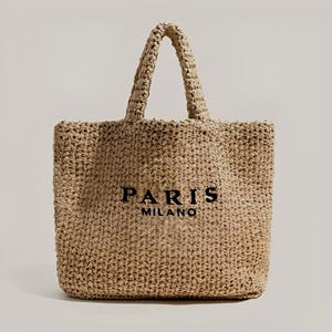 Bolso grande de paja: bolso de mano elegante e informal inspirado en un diseñador con detalles de letras, perfecto para los días de playa de verano o para el uso diario.