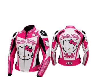Hello Kitty Pink & White Damen-Motorrad-Rennlederjacke – CE-geprüfte Sportmotorradjacke mit Protektoren