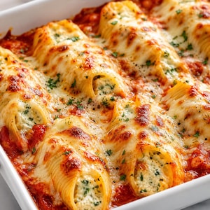 Op de afbeelding: Een witte rechthoekige ovenschaal gevuld met gebakken manicotti-pastaschelpen, gevuld met een witte ricotta- en kruidenkaasvulling, bedekt met een felrode tomatensaus en gegarneerd met gesmolten goudbruine mozzarella en groene kruiden.
