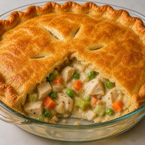 Könnte beinhalten: Ein goldbraun gebackener Hähnchen-Pot-Pie in einer klaren Glasschale. Die blättrige, gewellte Kruste hat dekorative Schlitze. Die Füllung enthält sichtbare Stücke von gegartem Hähnchen, grüne Erbsen und gewürfelte orangefarbene Karotten.