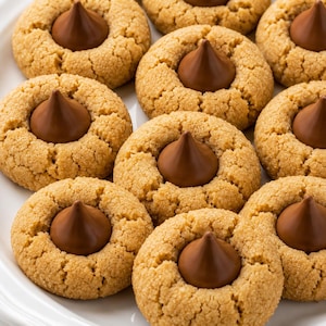 May include: A collection of round peanut butter cookies, each featuring a smooth, conical milk chocolate drop pressed into the center. The cookies have a textured, golden-brown surface with visible cracks radiating from the chocolate center.
