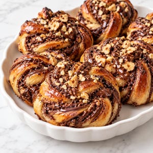 Puede incluir: Una selección de bollos de masa dorada y enrollada, rellenos de chocolate negro y cubiertos con avellanas picadas, dispuestos en un plato de servicio blanco con borde festoneado. Cada pieza muestra capas visibles de masa y chocolate.