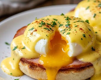 Puede incluir: Huevos Benedictinos compuestos por una base de muffin inglés tostado, cubierto con una loncha de bacon canadiense y un huevo escalfado. El huevo está cubierto con una espesa salsa holandesa amarilla, espolvoreada con hierbas y pimentón rojo.