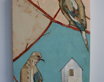 mourning dove pair birds on branches home painting original a2n2koon artwork textured wall artwork reclaimed wood vintage fabric paper art