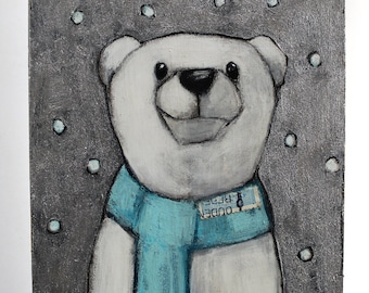 cute polar bear in blue scarf snowflakes painting original a2n2koon wall art on wood small whimsical bear snowfall winter day holiday gift