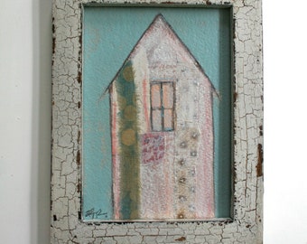 beachside home collage original a2n2koon 5x7" painting on paper in 6.25x8.25" distressed white wood frame beach home decor vintage paper art