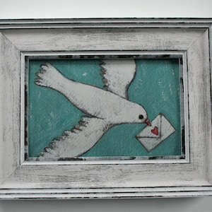 El amor está en el aire, pájaro volador con carta de amor, 4 x 6 pulgadas, impresión giclée a2n2koon enmarcada en marco de madera blanco, dulce pájaro, obra de arte de pared, día de San Valentín