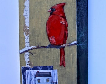 red cardinal bird on snowy branch winter house painting original a2n2koon bird on wood cardinal gold wall artwork vintage winter scene art