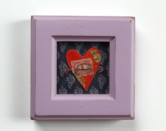 red heart with arrow vintage style original a2n2koon collage painting handmade paper in crafted lilac wood frame valentine day art love gift