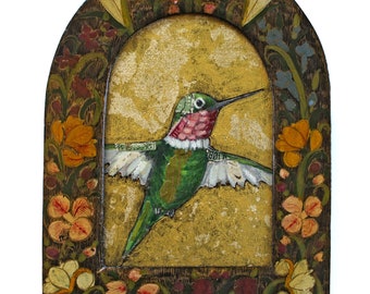 flying hummingbird bird painting original a2n2koon on wood in vintage ornate paper mache wood floral frame gold pink green blue object d'art