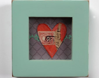 red heart vintage style original 3x3" a2n2koon collage painting handmade paper in crafted mint green wood frame valentine day art love gift