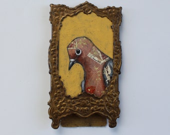 mourning dove bird painting on wood original a2n2koon in victorian art nouveau antique tin metal gold easel frame delicate bird wall artwork