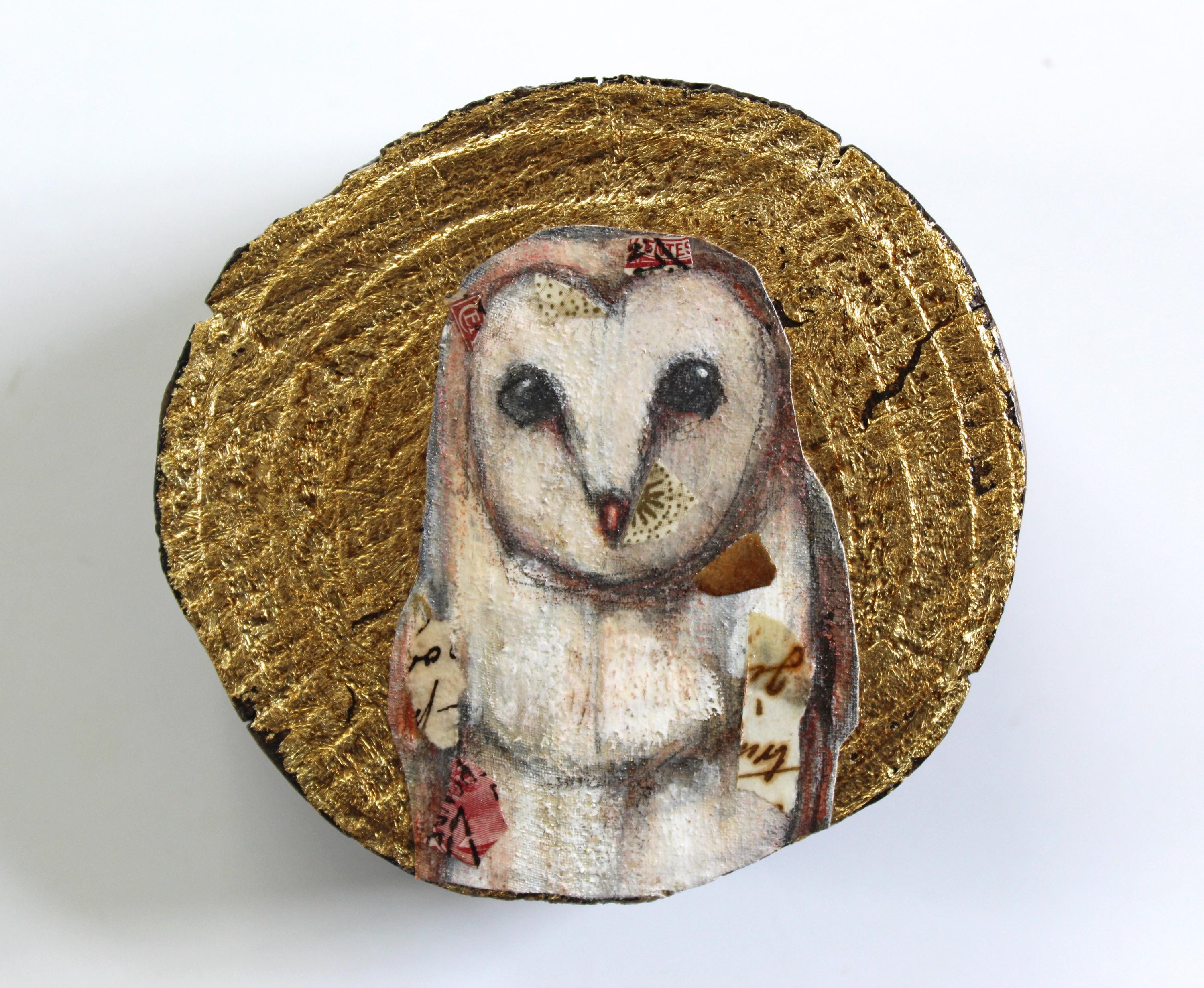 Barn Owl Painting: Mixed Materials Owl on Circular Wood Piece Woodland Art