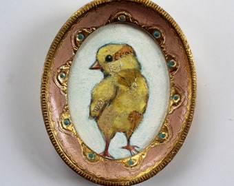 baby chicken yellow chick painting in vintage oval frame small original a2n2koon wall art on wood spring chicken objet d'art pink gold art