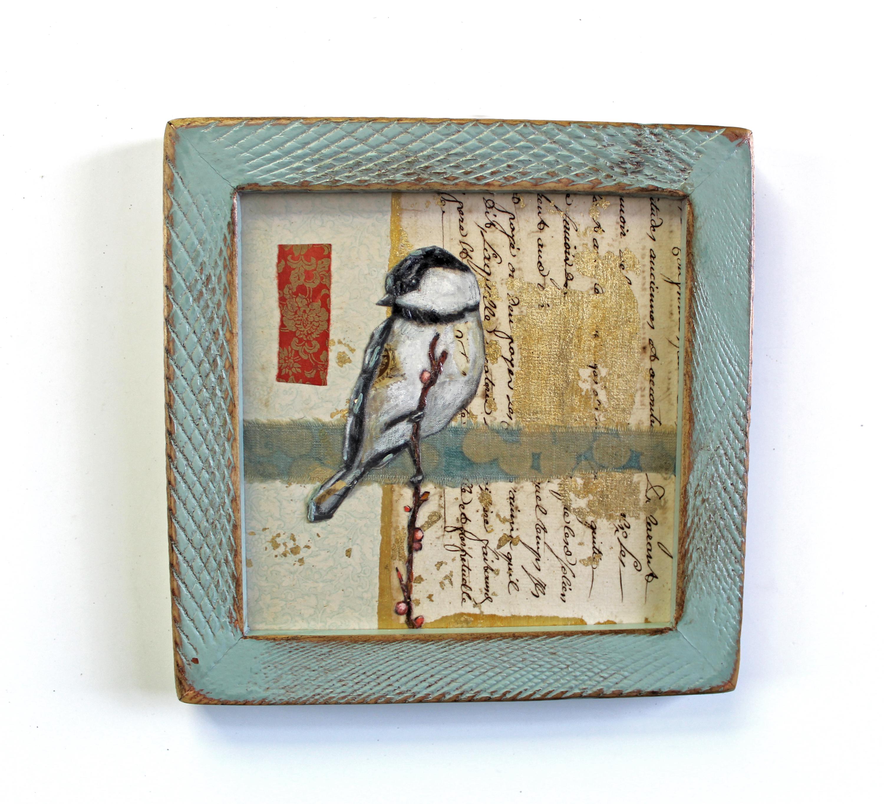 Chickadee Bird Painting: Antique Paper Fabric Collage in Distressed Blue Wood Frame