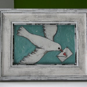 love is in the air flying bird with love letter 4x6 a2n2koon giclee print framed in white wood frame sweet bird wall artwork valentines day image 5