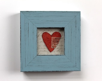 3x3" red heart vintage style original a2n2koon collage painting on handmade paper in crafted blue wood frame valentine's day art love gift