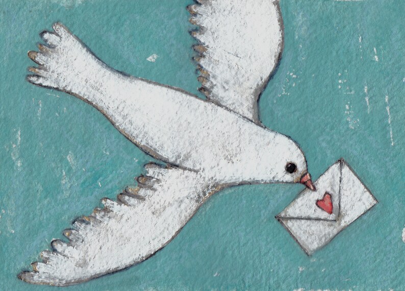 love is in the air flying bird with love letter 4x6 a2n2koon giclee print framed in white wood frame sweet bird wall artwork valentines day image 8