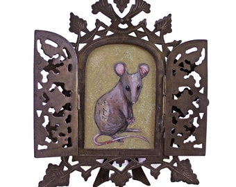 little mouse painting original a2n2koon on wood in 19th century ornate french metal easel frame with hinged doors petit souris object d'art