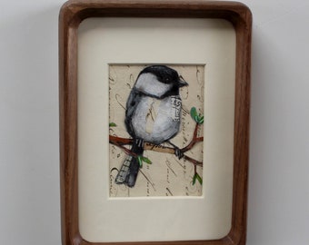 small chickadee bird on branch collage painting original a2n2koon on paper in natural wood shadow box frame vintage style bird wall artwork