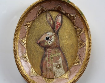 cottontail bunny rabbit painting in vintage oval frame small original a2n2koon wall art on wood spring rabbit objet d'art rose tan gold art