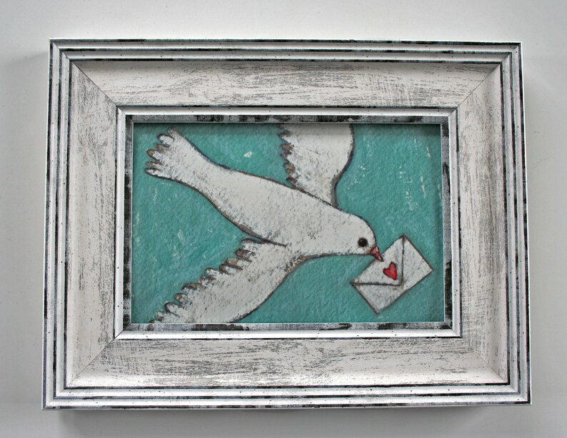 love is in the air flying bird with love letter 4x6 a2n2koon giclee print framed in white wood frame sweet bird wall artwork valentines day image 7