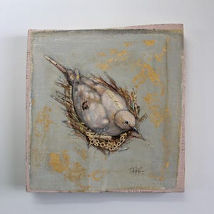 mourning dove bird nest soft dreamy painting original a2n2koon antique paper lace gold leaf on antique fabric wood bird nest wall artwork