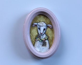 little baby lamb sheep original a2n2koon painting on wood in handcrafted pink oval wood frame 3x4" vintage style easter spring artwork art