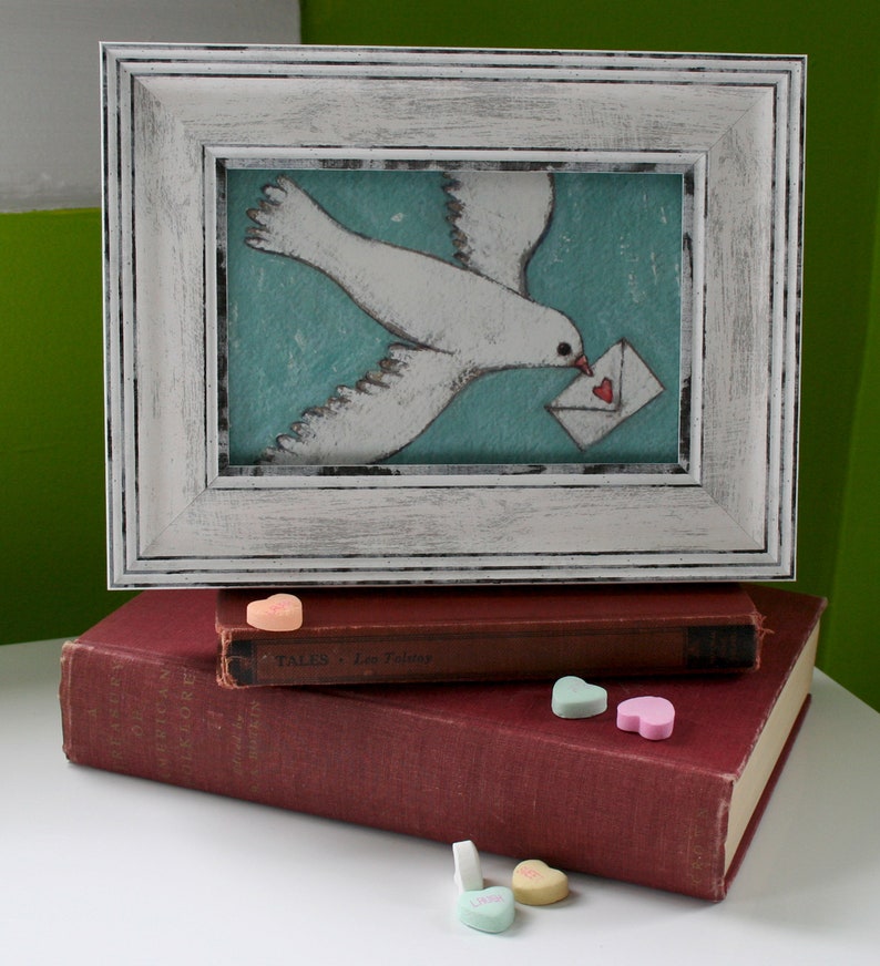 love is in the air flying bird with love letter 4x6 a2n2koon giclee print framed in white wood frame sweet bird wall artwork valentines day image 6