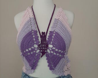 Handmade Crochet Butterfly Bustier Top – Adjustable Straps – Fits EU 36 – Purple