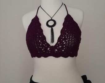 Handmade Crochet Tie-Back Boho Bustier Top – Fits EU 36/38 – Purple